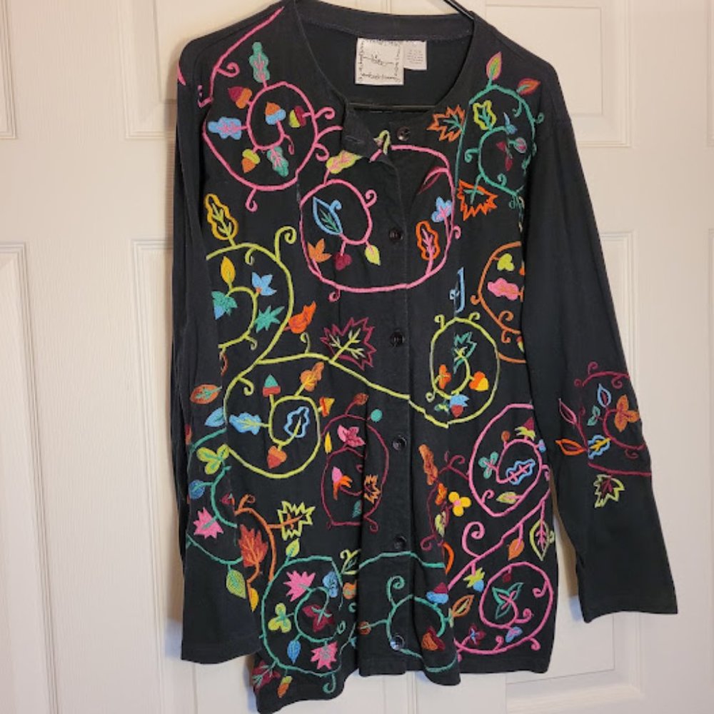 SOLD: Michael Simon Lite Embroidered Floral Johnny Was Style Top Shacket Boho L - Picture 2 of 10